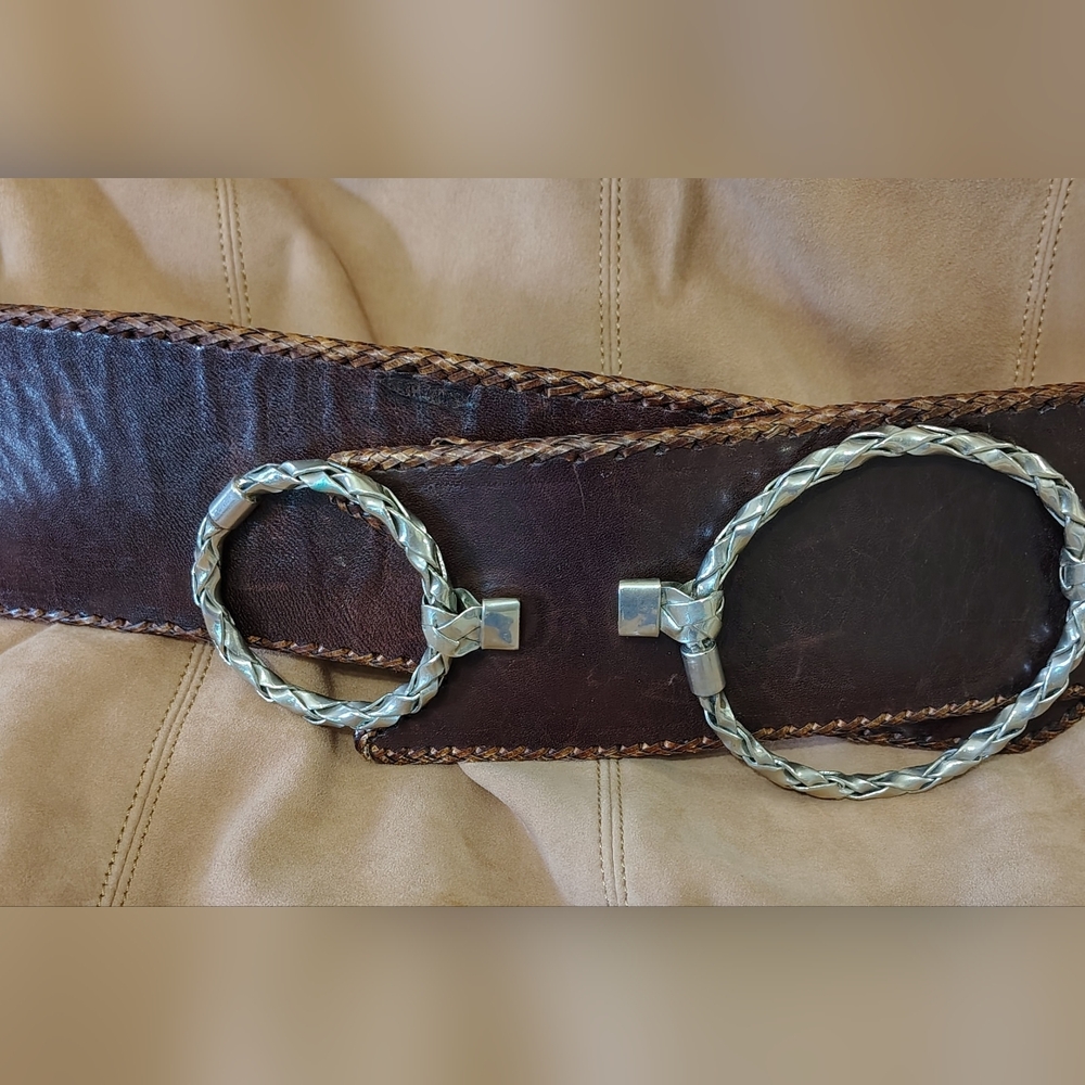 Brighton Wide Brown Leather Belt with Silver Braided Rings